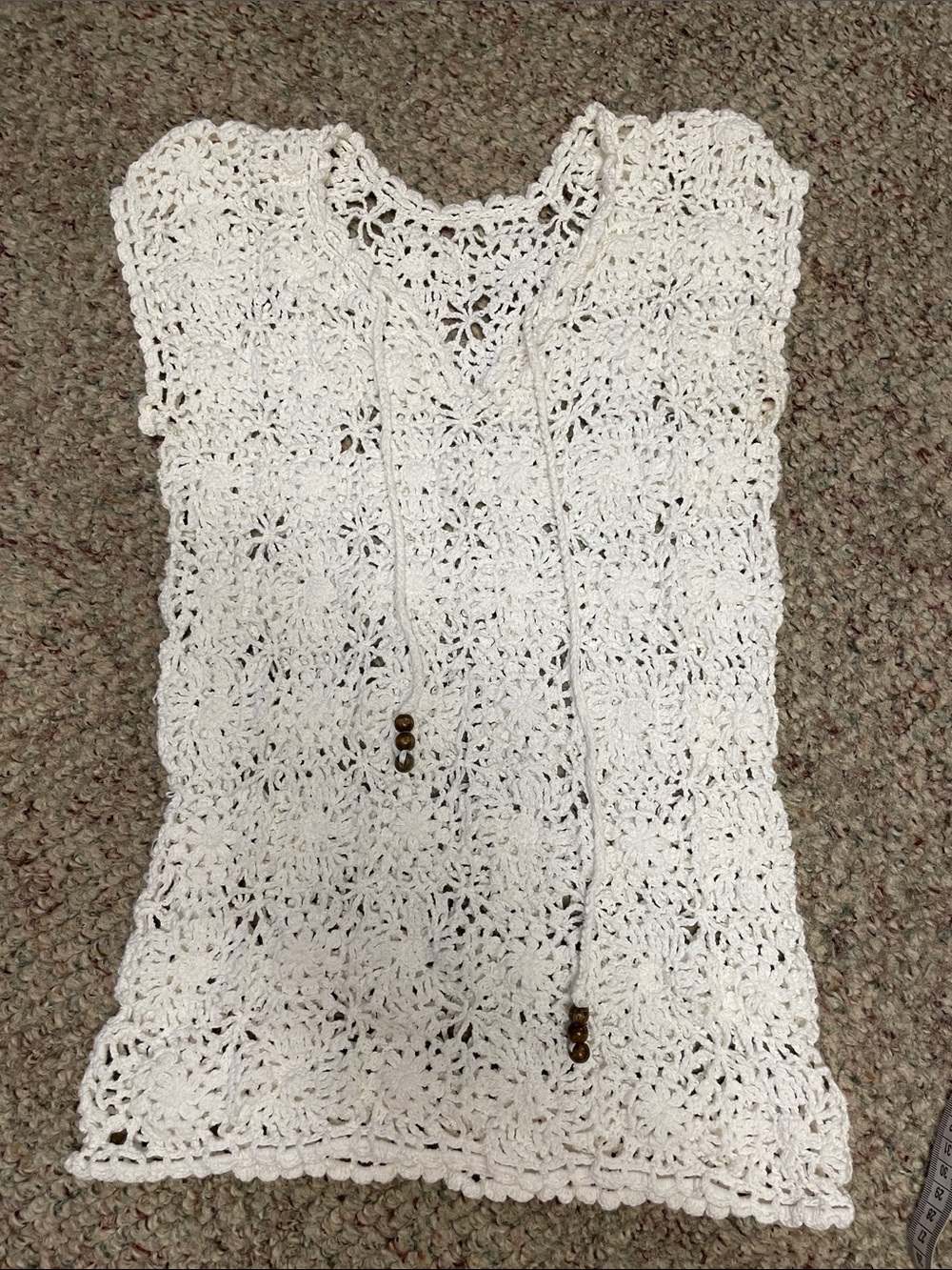 Vintage Women’s White Crochet Swim Cover-Up/top with wood bead ties